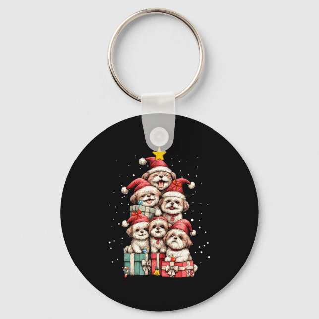 Cute Shih Tzu Le Dog Christmas Tree Xmas Hat Long  Keychain (Front)