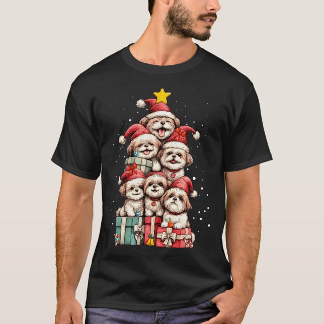 Cute Shih Tzu Le Dog Christmas Tree Xmas Hat Long  T-Shirt (Front)
