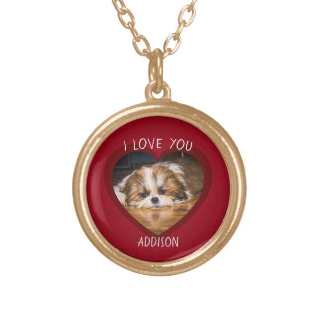 Cute shih tzu love Valentine heart photo Gold Plated Necklace (Front)