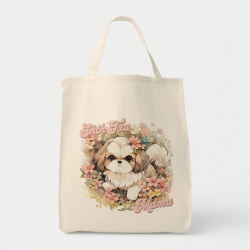 Cute Shih Tzu Mama Dog Lover Funny Retro Floral Tote Bag