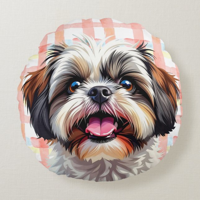Cute Shih Tzu Pink Plaid Round Pillow (Front)