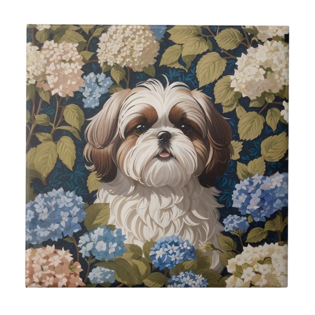 Cute Shih Tzu Puppy Blue hydrangea flowers Ceramic Tile (Front)