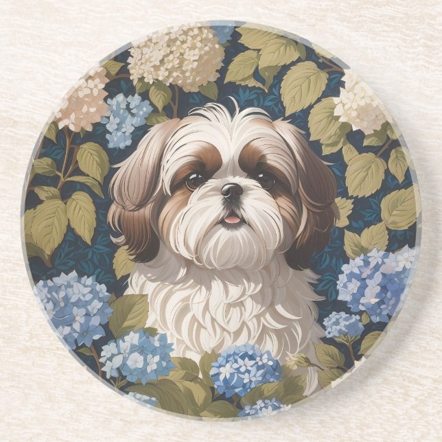 Cute Shih Tzu Puppy Blue hydrangea flowers Coaster (Front)
