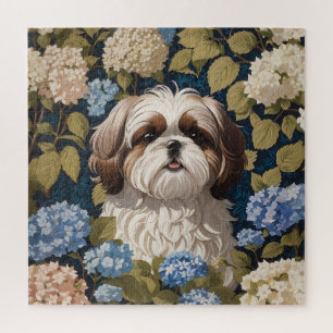 Cute Shih Tzu Puppy Blue hydrangea flowers Jigsaw Puzzle