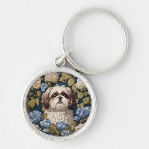 Cute Shih Tzu Puppy Blue hydrangea flowers Keychain