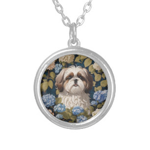 Cute Shih Tzu Puppy Blue hydrangea flowers Silver Plated Necklace