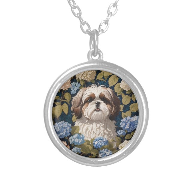 Cute Shih Tzu Puppy Blue hydrangea flowers Silver Plated Necklace (Front)