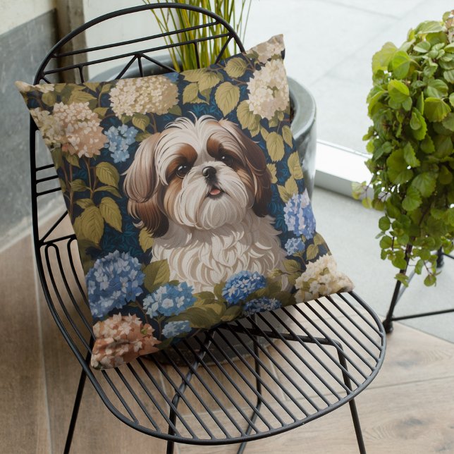 Cute Shih Tzu Puppy Blue hydrangea flowers Throw Pillow (Creator Uploaded)