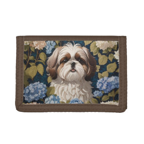 Cute Shih Tzu Puppy Blue hydrangea flowers Tri-fold Wallet