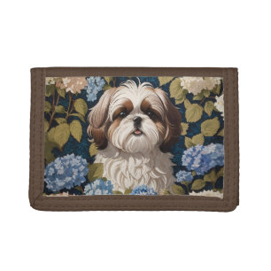 Cute Shih Tzu Puppy Blue hydrangea flowers Tri-fold Wallet