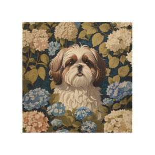 Cute Shih Tzu Puppy Blue hydrangea flowers Wood Wall Art