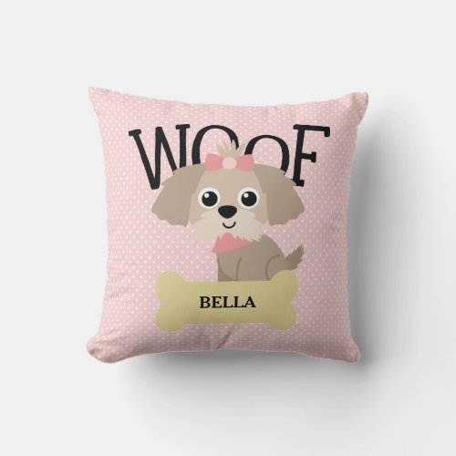 Cute Shih Tzu Puppy Dog on Pink Polka Dots Throw Pillow