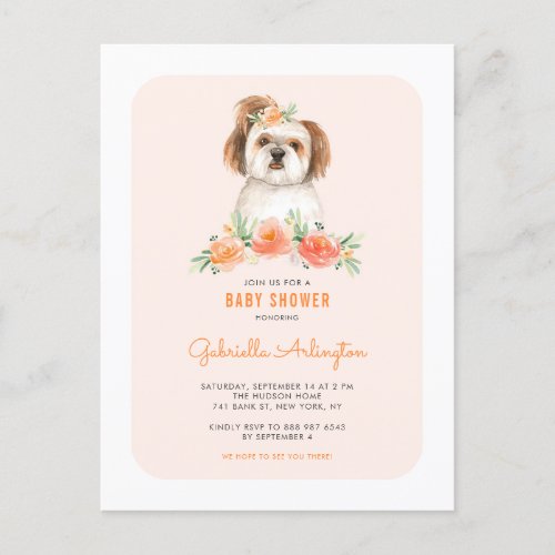 Cute Shih Tzu Watercolor Peach Floral Baby Shower Invitation Postcard
