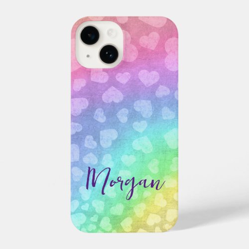 Cute Shimmering Rainbow Hearts Personalized iPhone 14 Case