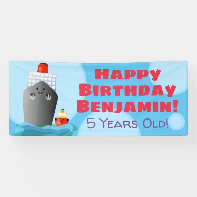 Cute ship tug boat cartoon birthday banner (Horizontal)