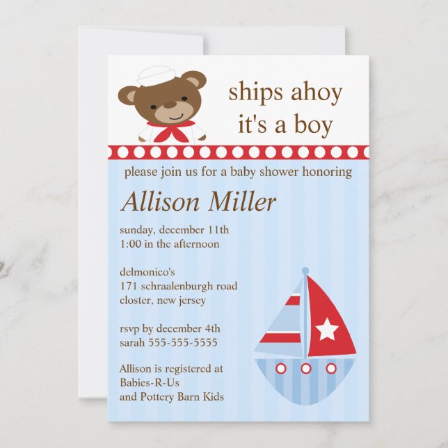 Cute Ships Ahoy Sailboat Boy Baby Shower Invitation (Front)