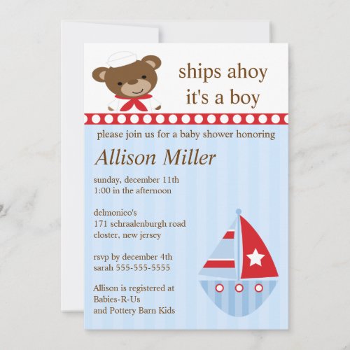 Cute Ships Ahoy Sailboat Boy Baby Shower Announcement
