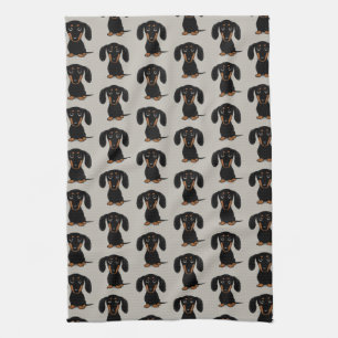 Cute Short Haired Black and Tan Dachshund Pattern Kitchen Towel