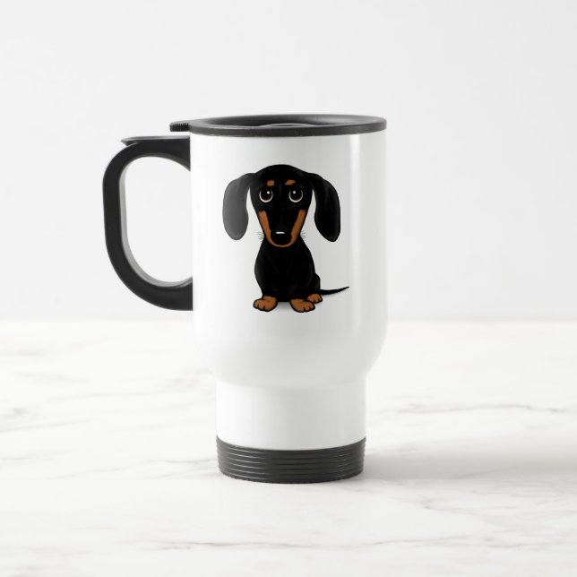 Cute Short Haired Black and Tan Dachshund Travel Mug (Left)