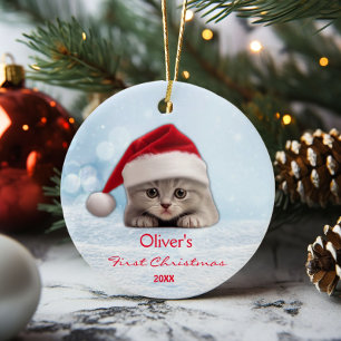 Cute Shorthair Cat Santa Hat Paw Personalized Ceramic Ornament