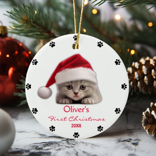 Cute Shorthair Cat Santa Hat Paw Personalized  Ceramic Ornament