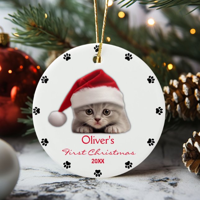Cute Shorthair Cat Santa Hat Paw Personalized  Ceramic Ornament (Creator Uploaded)