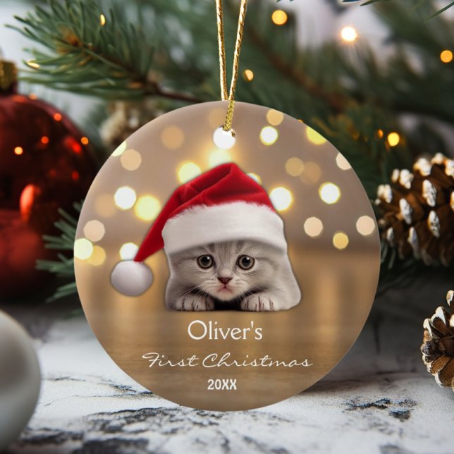 Cute Shorthair Cat Santa Hat Paw Personalized Gold Ceramic Ornament (Creator Uploaded)