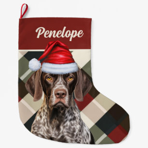 Cute Shorthair Pointer Dog Deep Red Plaid Custom Large Christmas Stocking