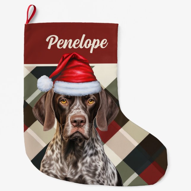 Cute Shorthair Pointer Dog Deep Red Plaid Custom Large Christmas Stocking (Front)
