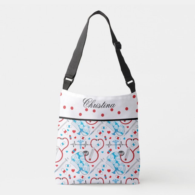Cute Shots Nurse | Doctor EKG Pattern Name Crossbody Bag (Front)