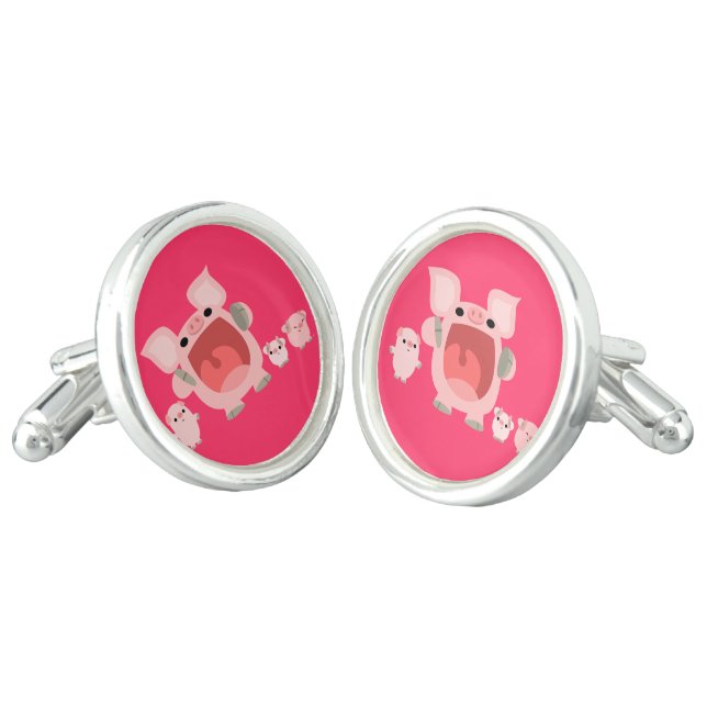 Cute Shouting Cartoon Pigs Cufflinks (Angled)