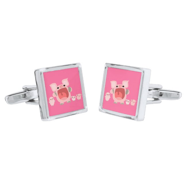 Cute Shouting Cartoon Pigs Cufflinks (Angled)