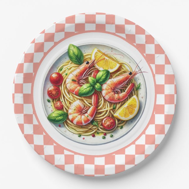 Cute shrimp pasta lovers dinner paper plates (Front)