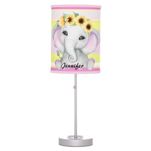Cute shy baby elephant girl Sunflowers pink yellow Table Lamp