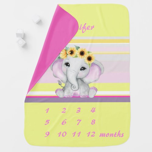 Cute shy baby elephant girl Sunflowers yellow_pink Baby Blanket