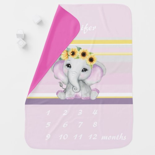 Cute shy baby elephant girl with Sunflowers pink Baby Blanket