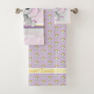 Cute shy baby elephant girl with Sunflowers pink Bath Towel Set