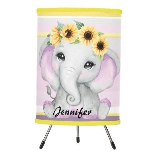 Cute shy baby elephant girl with Sunflowers pink Tripod Lamp