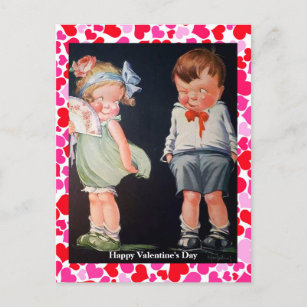 Vintage Valentine Card Stands Up Cute Boy Girl Shy Heart 1930's