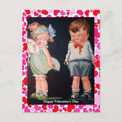 Cute  Shy Boy  Girl Vintage Valentine copy Postcard