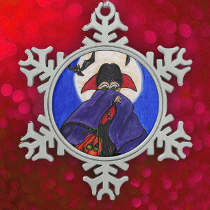 Cute Shy Little Vampire Bat Moon Pumpkin Halloween Snowflake Pewter Christmas Ornament