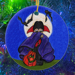Cute Shy Little Vampire Bats Moon Ceramic Ornament