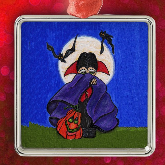 Cute Shy Little Vampire Bats Moon Metal Ornament (Cute little vampire purple cape flying bats pumpkin full moon on Halloween hanging ornament.)