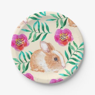 Cute shy watercolor bunny on flowers pattern paper plate