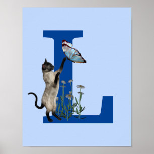 Cute Siamese Cat And Butterfly Monogram Initial L Poster