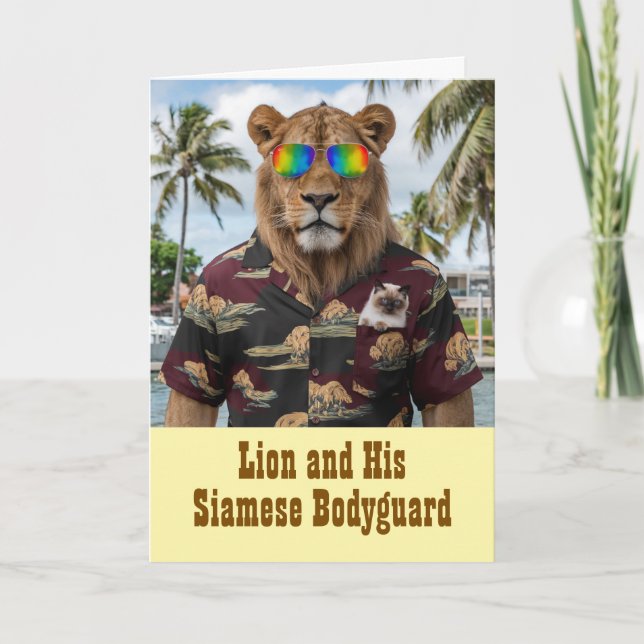Cute Siamese Cat and Lion Greeting Card (Front)
