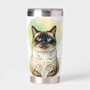 Cute Siamese Cat Blue Eyes Watercolor Pet Art Insulated Tumbler