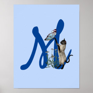 Cute Siamese Cat Butterfly Monogram Initial M Poster