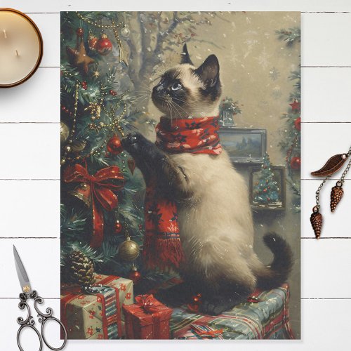 Cute Siamese Cat Christmas Vintage Decoupage Tissue Paper