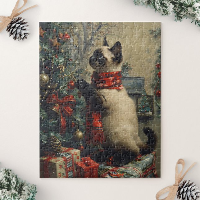 Cute Siamese Cat Christmas Vintage Jigsaw Puzzle (Creator Uploaded)